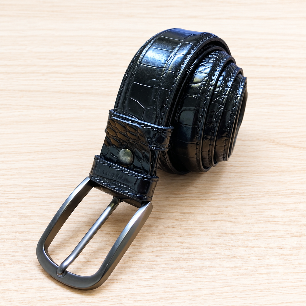 Crocodile-Pattern Leather Belt